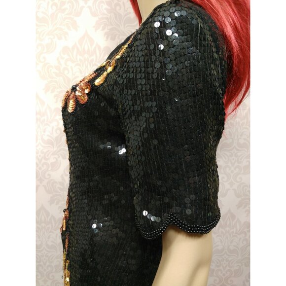 Vintage 80s Stenay Sequin Silk Top Blouse Size S M Black Gold Bronze Cocktail - Picture 10 of 12